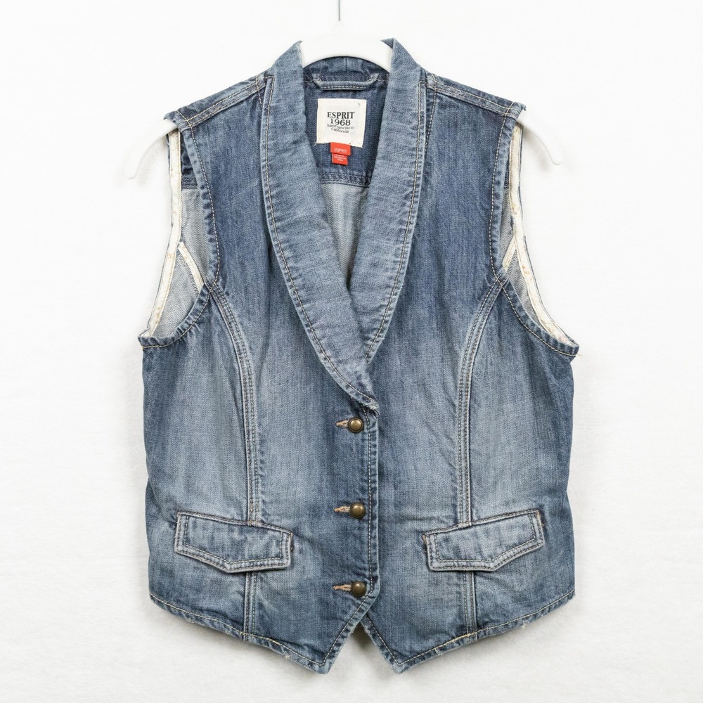 ESPRIT Denim Vest Shawl Collar VTG Y2K Academia Preppy Blue Sz L